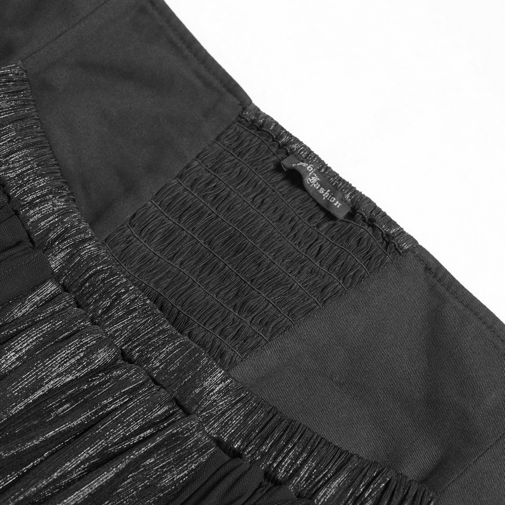 Black Gothic Corset Waist Mesh Maxi Skirt for Women showing detail of the corset waistband and black fabric texture.