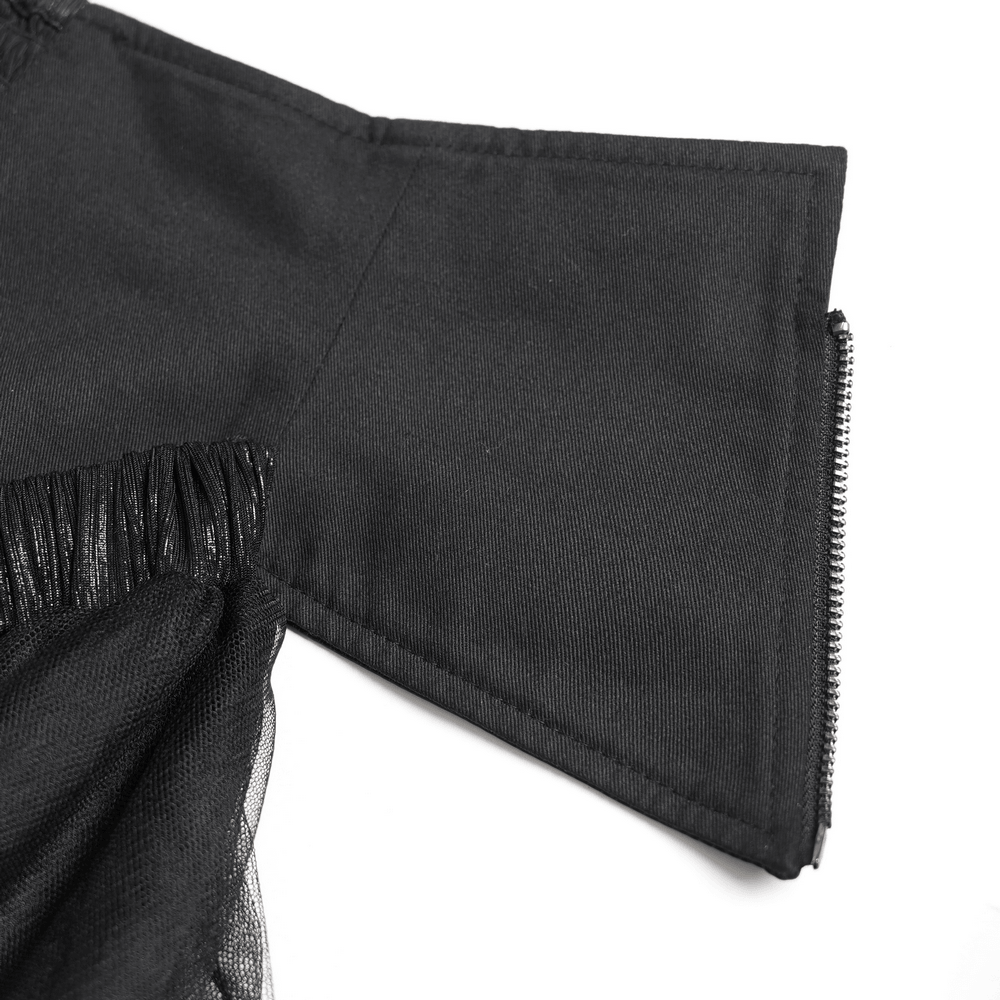 Black Gothic Corset Waist Mesh Maxi Skirt for Women close-up showing fabric details and finishing touches.