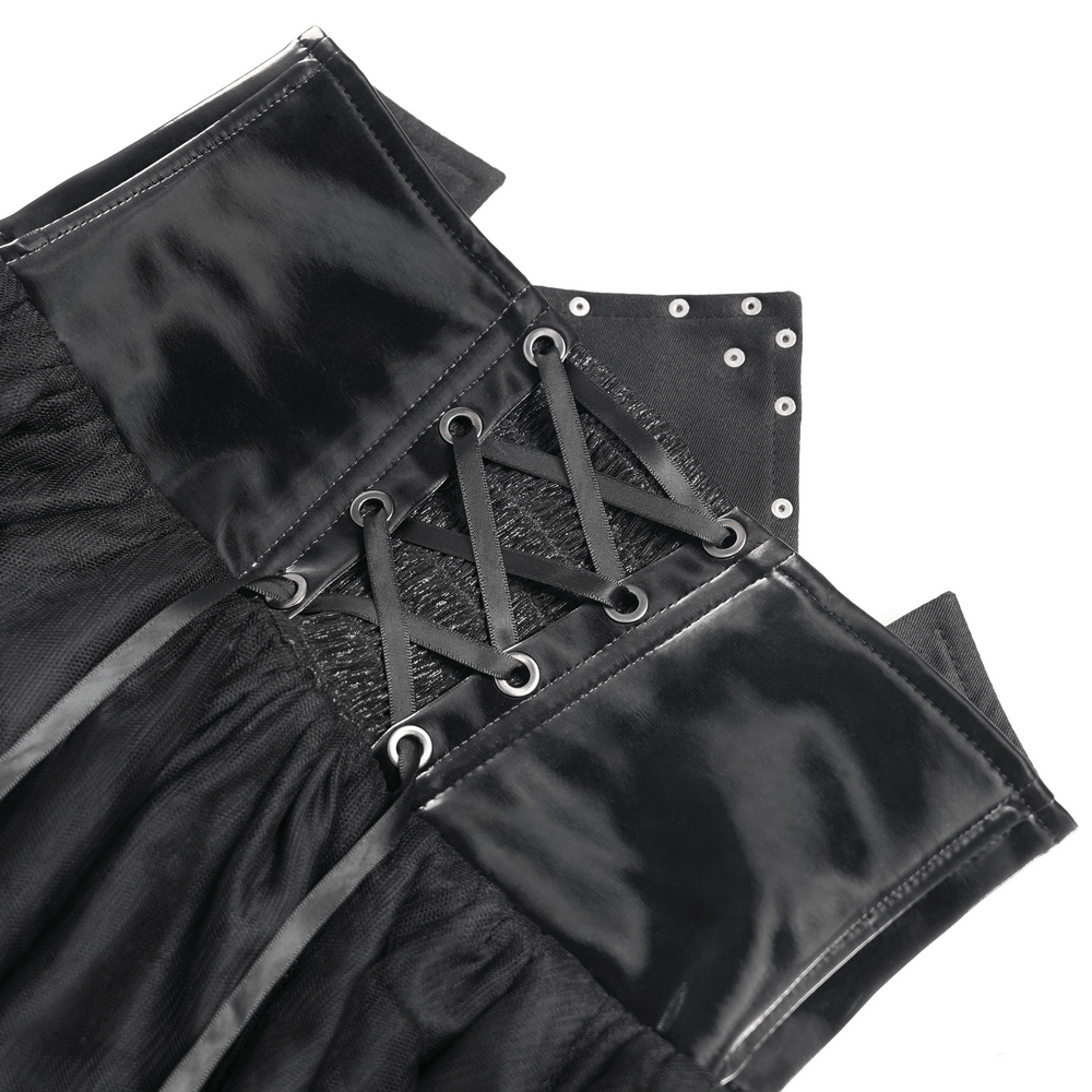 Black Gothic Corset Waist Mesh Maxi Skirt for Women detail featuring corset-inspired waistband and lace-up back.
