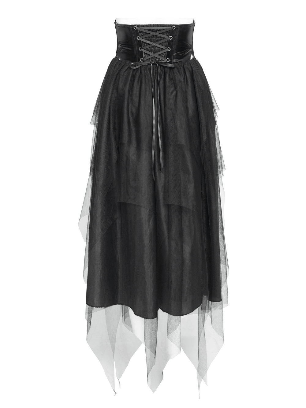 Black Gothic Corset Waist Mesh Maxi Skirt for Women showcasing a layered tulle design with a corset-inspired waistband.