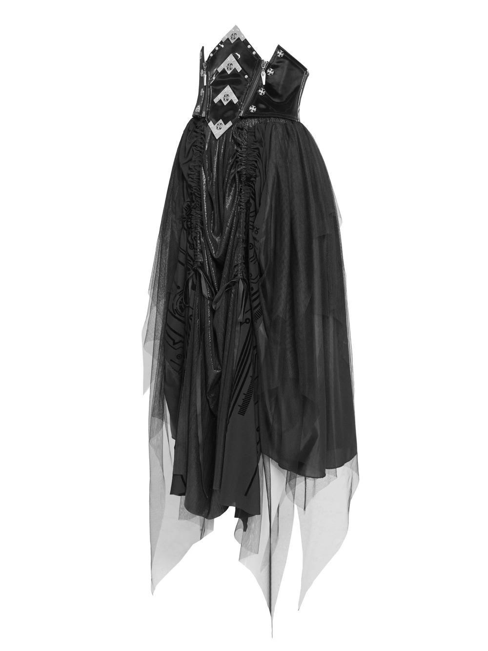 Black Gothic Corset Waist Mesh Maxi Skirt for Women with layered tulle overlay and edgy corset design.