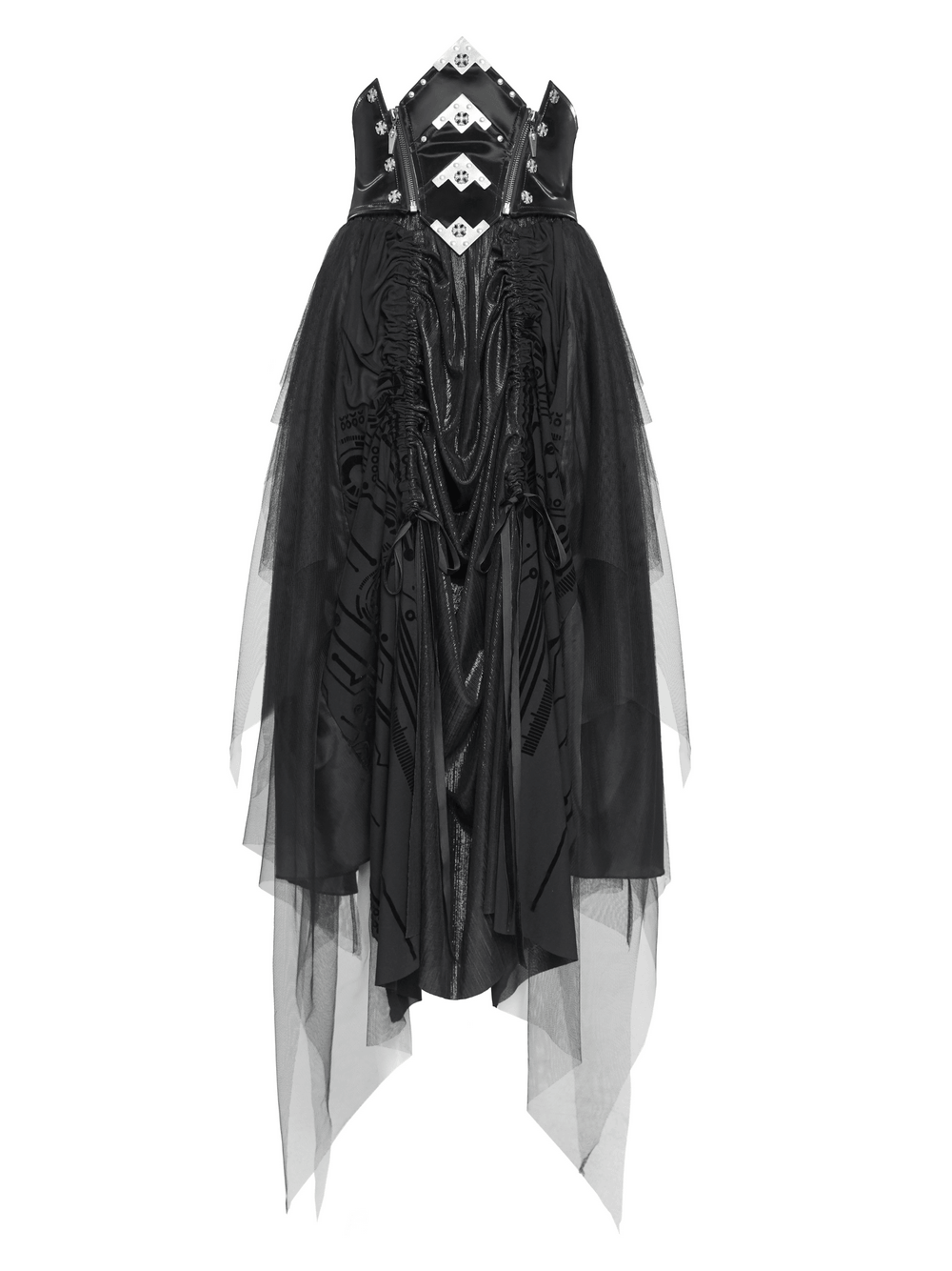 Black Gothic Corset Waist Mesh Maxi Skirt for Women with tulle overlay and lace-up back details