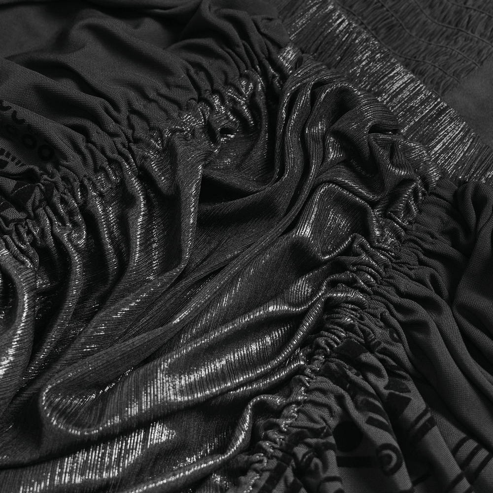Detailed texture of the Black Gothic Corset Waist Mesh Maxi Skirt for Women, showcasing its layered and ruched design.