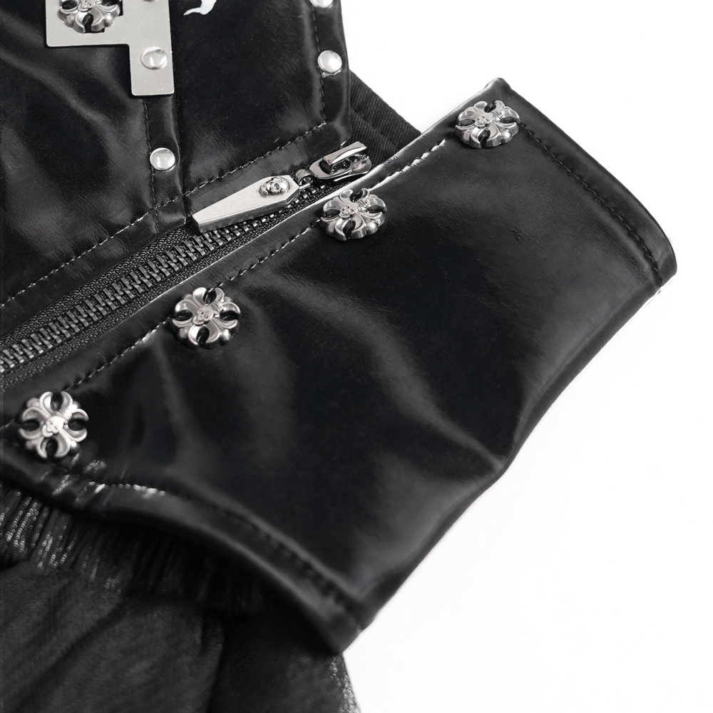 Black Gothic Corset Waist Mesh Maxi Skirt for Women close-up detail showcasing stylish zip and stud embellishments.