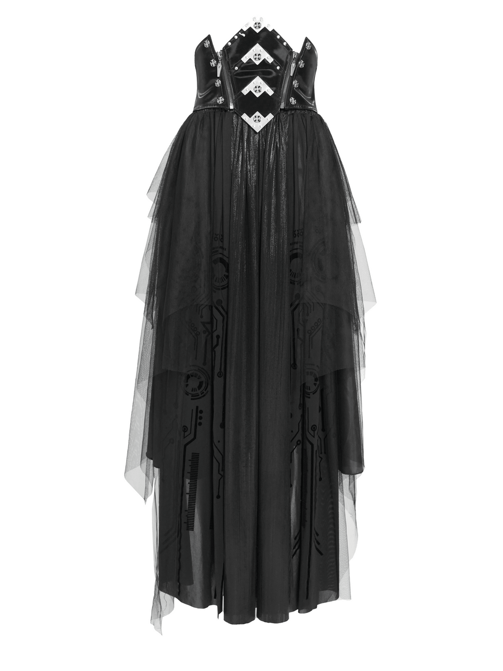 Black Gothic Corset Waist Mesh Maxi Skirt for Women with tulle overlay and corset-inspired details.