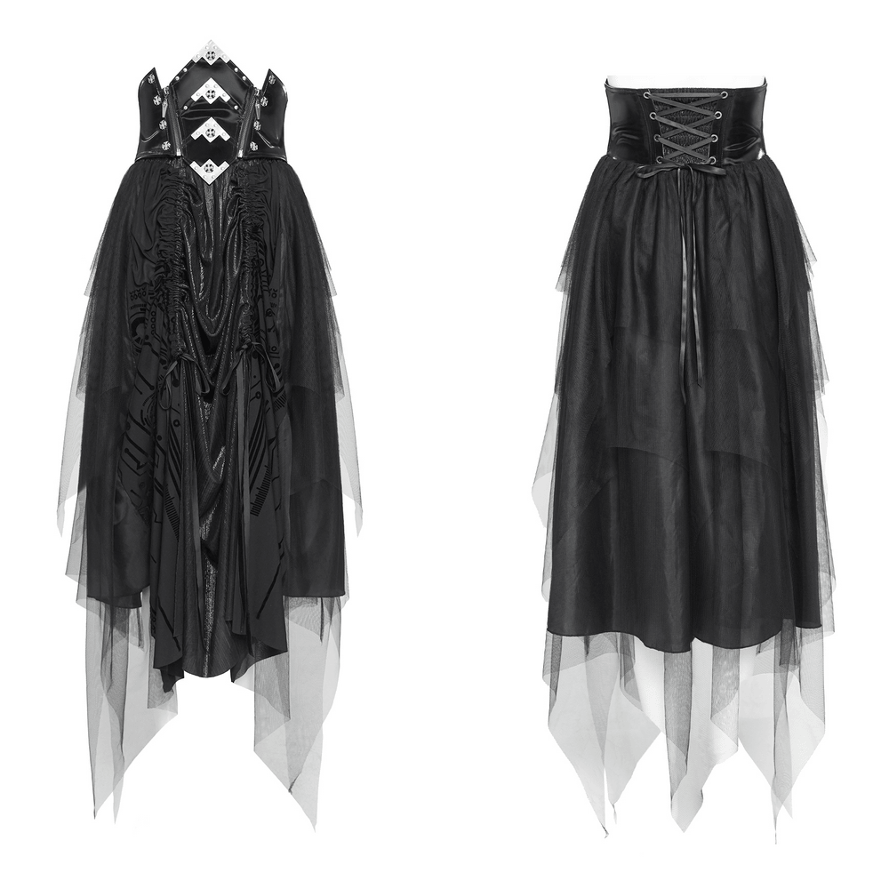 Black Gothic Corset Waist Mesh Maxi Skirt for Women with layered tulle overlay and lace-up back detailing.