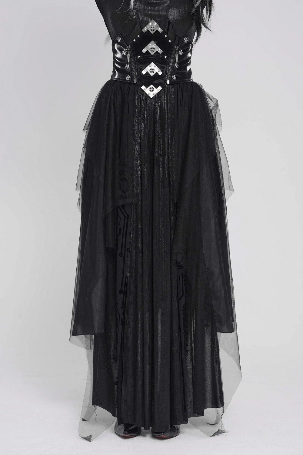 Black Gothic Corset Waist Mesh Maxi Skirt for Women with layered tulle overlay and corset-inspired design.