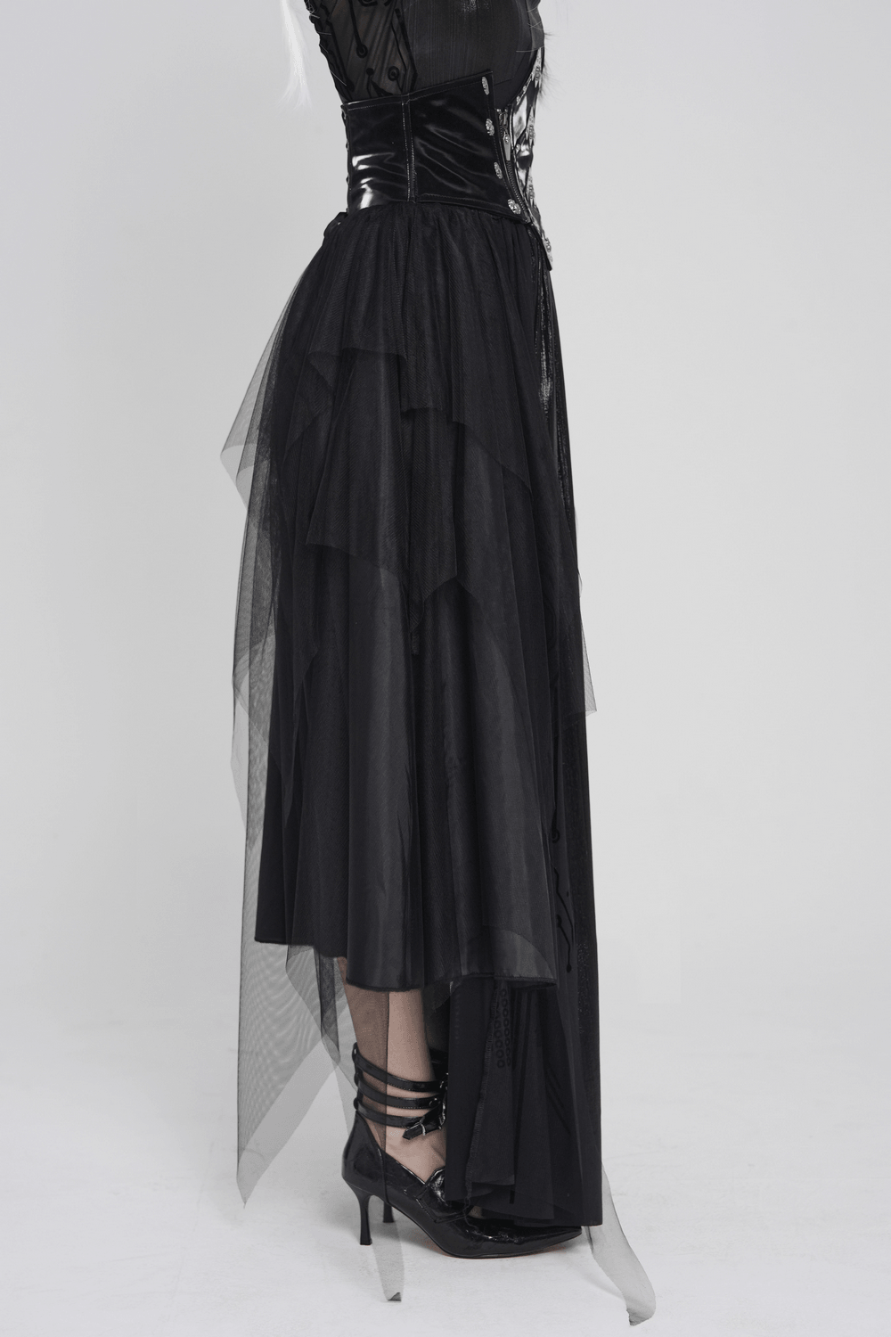 Black Gothic Corset Waist Mesh Maxi Skirt for Women, featuring layered tulle overlay and lace-up back detail.