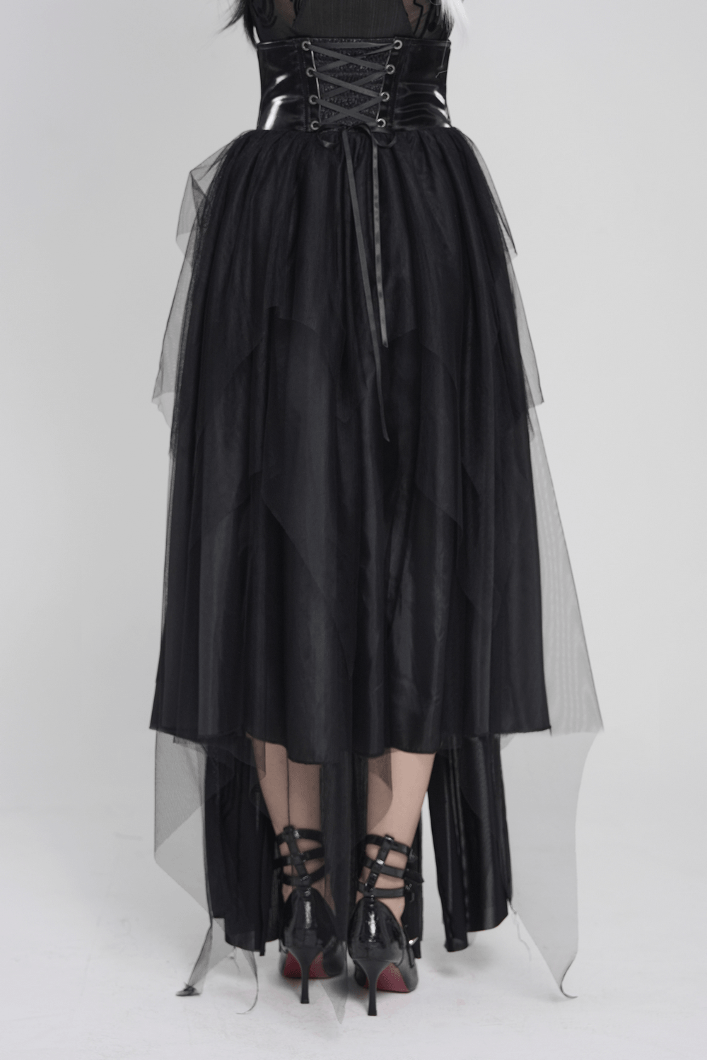 Black Gothic Corset Waist Mesh Maxi Skirt for Women showcasing a layered tulle design with lace-up back and pointed hem.