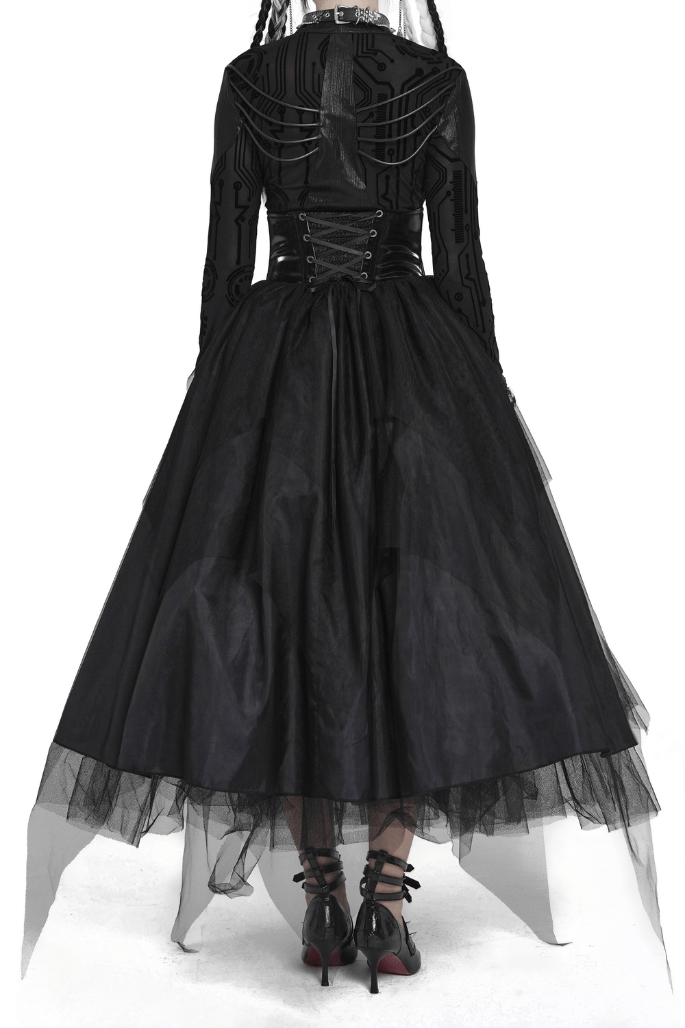 Black Gothic Corset Waist Mesh Maxi Skirt for Women back view with lace-up detail and flowing tulle overlay.