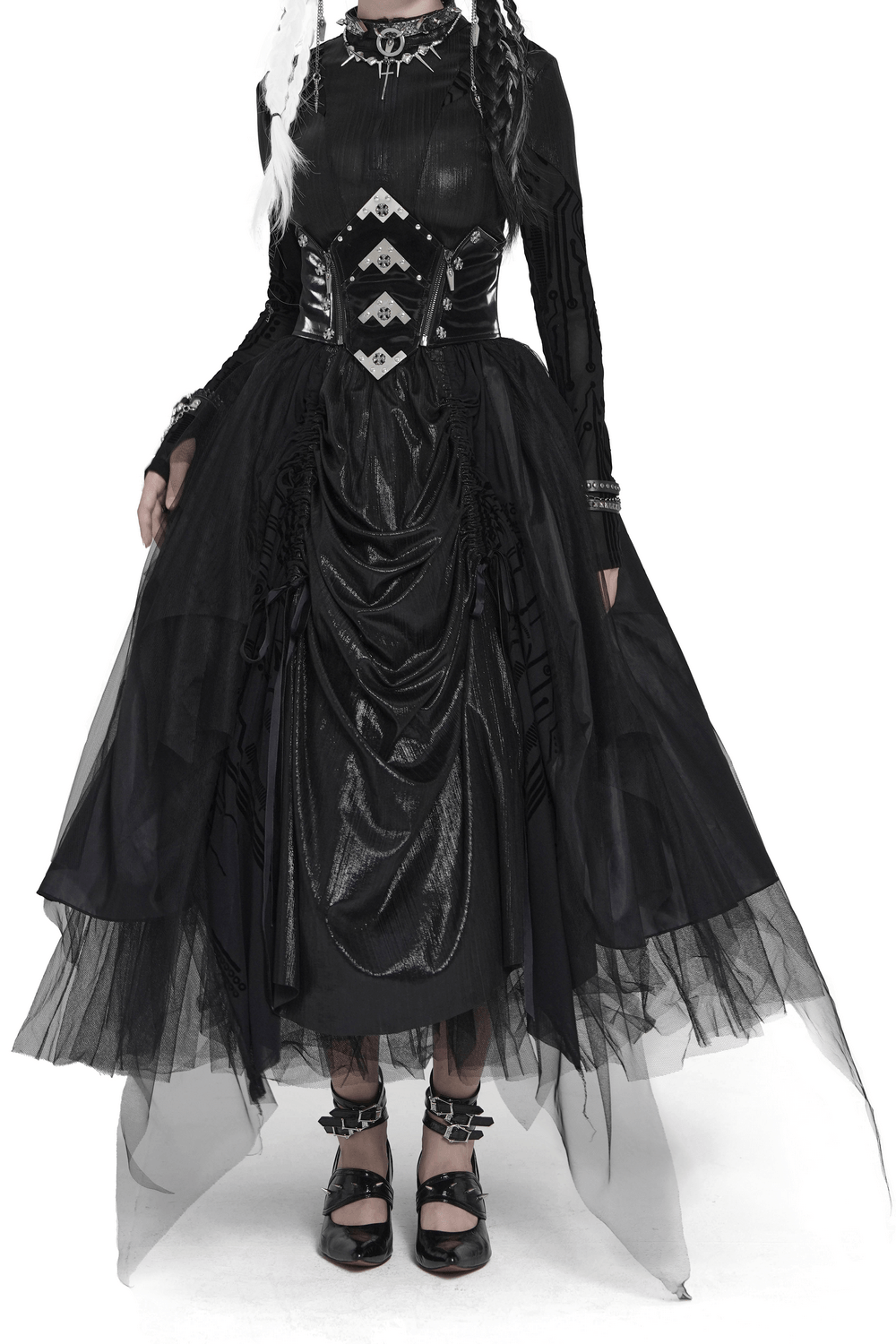 Black Gothic Corset Waist Mesh Maxi Skirt for Women worn by a model, featuring lace-up back and flowing tulle overlay.