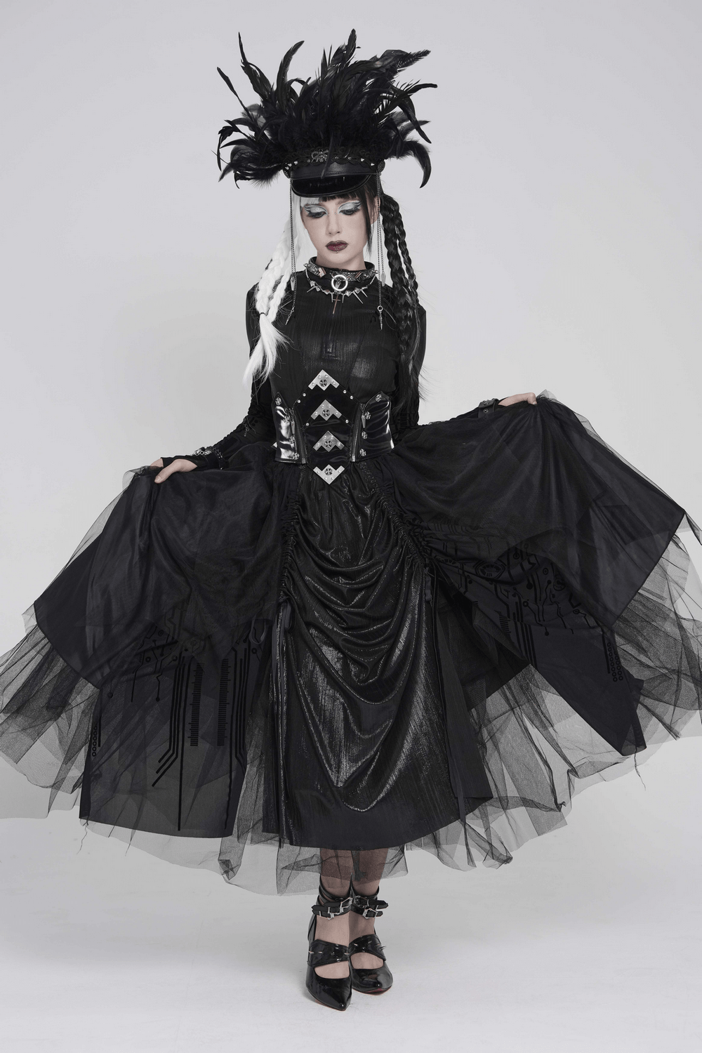 Black Gothic Corset Waist Mesh Maxi Skirt for Women styled with a dramatic feathered hat and striking mesh layers.