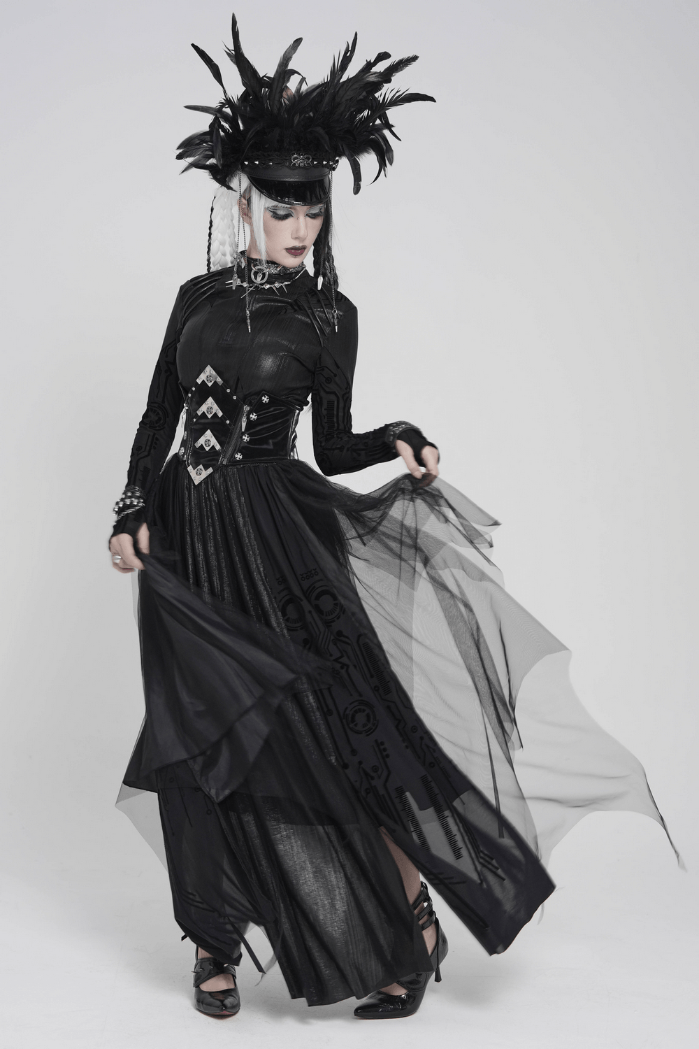 Black Gothic Corset Waist Mesh Maxi Skirt for Women styled with feathers and lace, showcasing a dramatic gothic look.