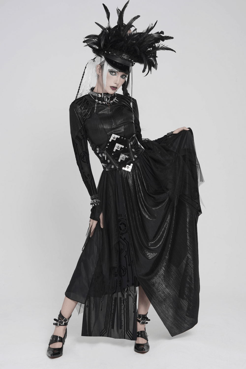 Black Gothic Corset Waist Mesh Maxi Skirt for Women worn by model with dramatic hat and unique accessories.