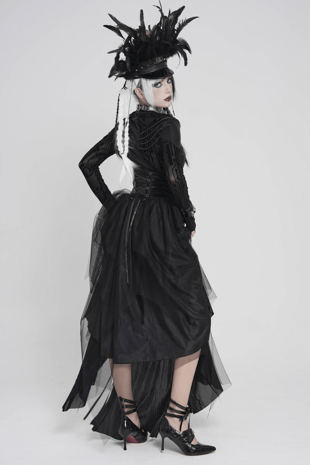 Black Gothic Corset Waist Mesh Maxi Skirt for Women modeled with dramatic feathers and dark accessories.
