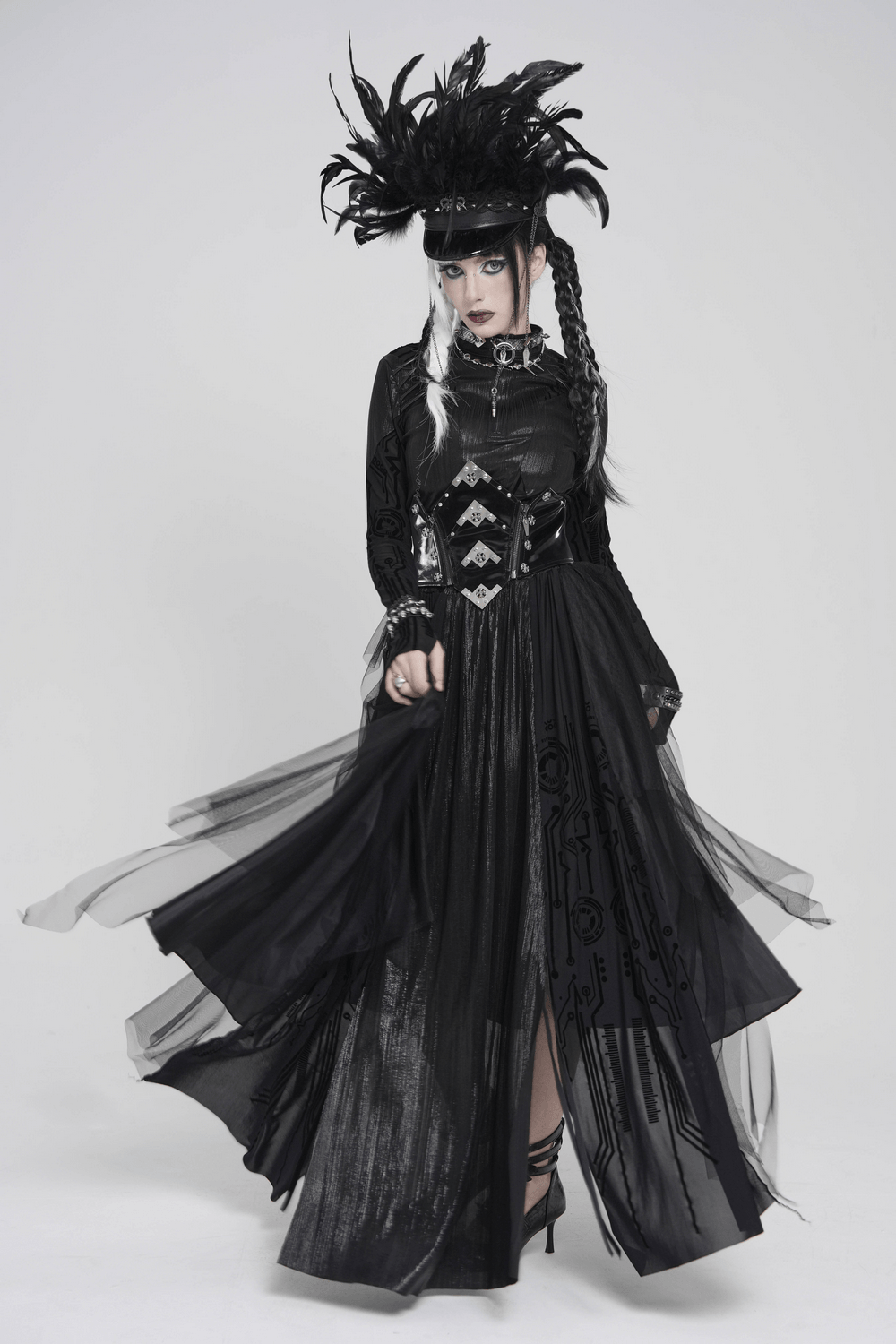 Black Gothic Corset Waist Mesh Maxi Skirt for Women worn by a model with dramatic styling and layered tulle.