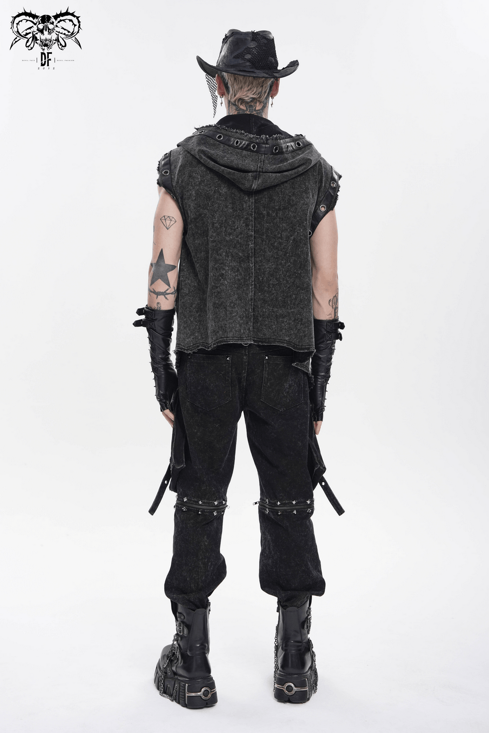 Black Gothic Cowboy Hat with Distressed Mesh Patch Details worn by a model in a stylish outfit.