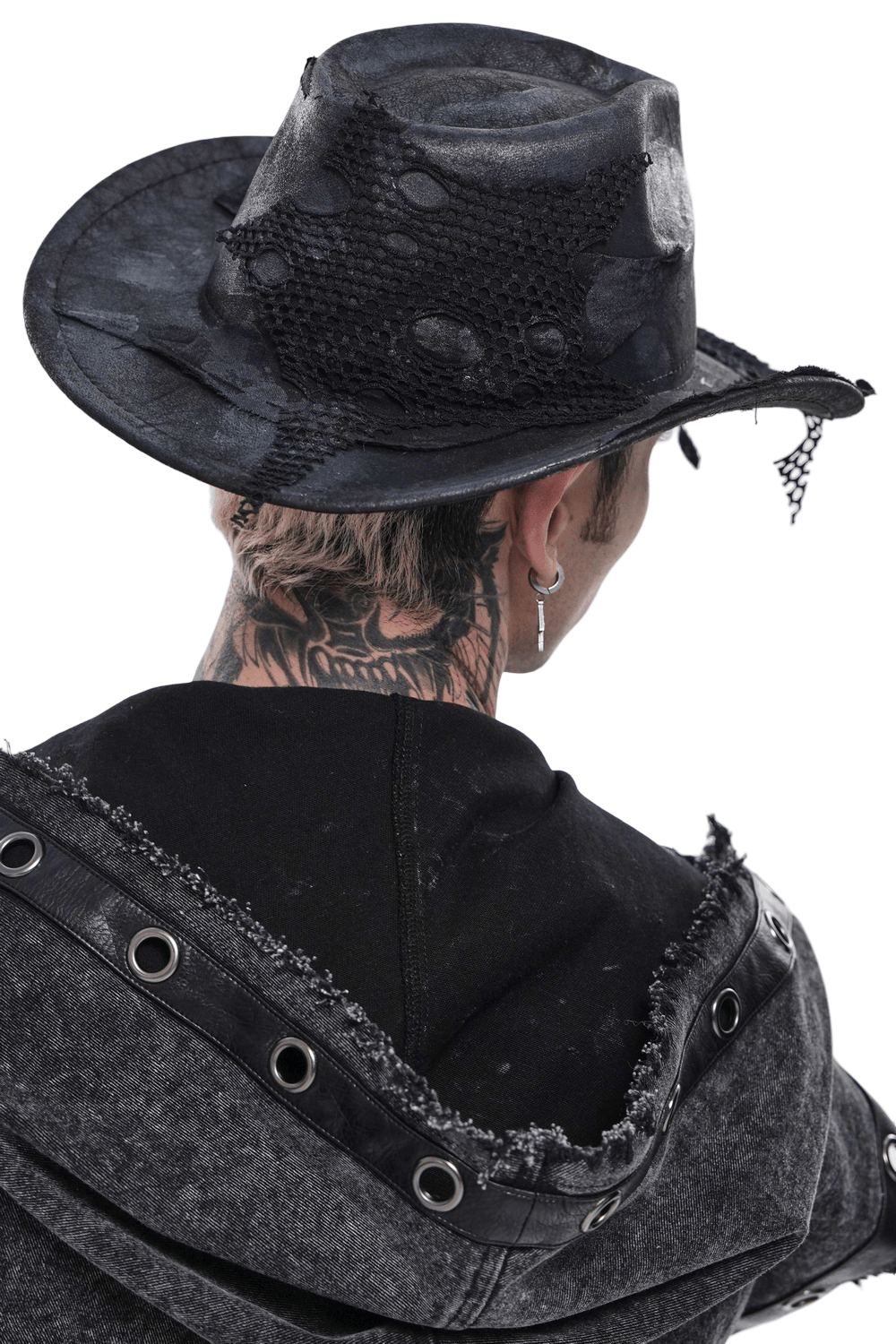 Black Gothic Cowboy Hat with Distressed Mesh Patch Details worn by a person with tattoos in a stylish outfit.