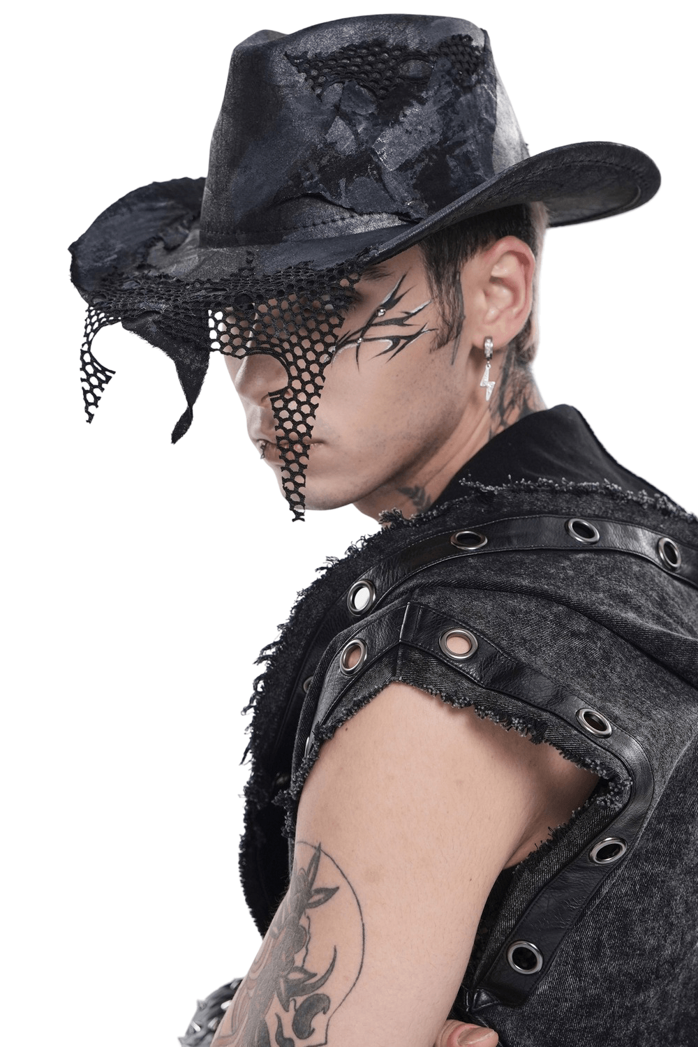 Black Gothic Cowboy Hat with Distressed Mesh Patch Details worn by a model with edgy style and tattoos.
