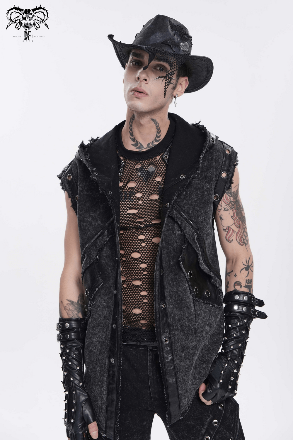 Black Gothic Cowboy Hat with Distressed Mesh Patch Details worn by a model in an edgy outfit.