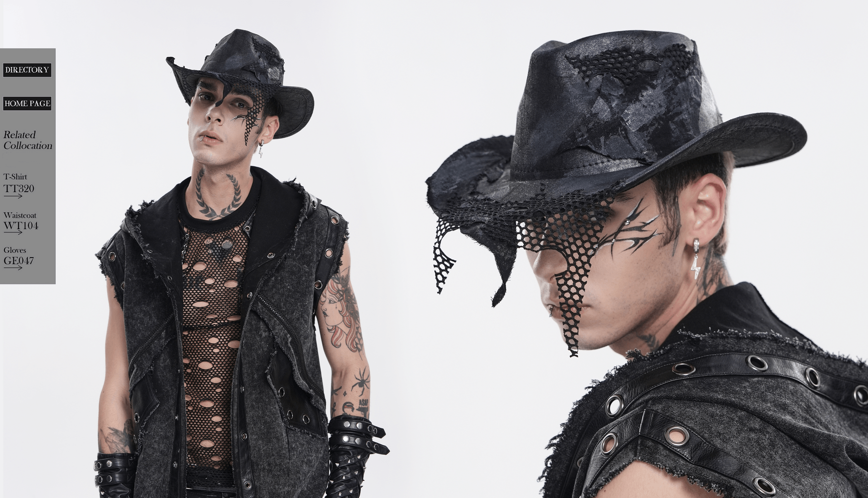 Black Gothic Cowboy Hat with Distressed Mesh Patch Details worn by a model with edgy fashion style.