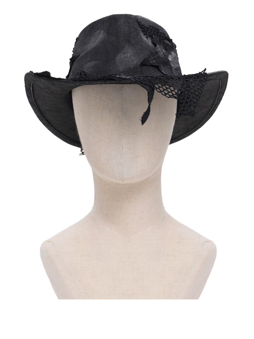 Black Gothic Cowboy Hat with Distressed Mesh Patch Details displayed on a mannequin head.