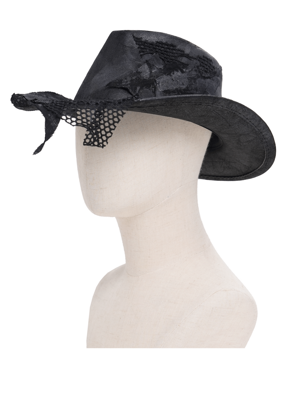 Black Gothic Cowboy Hat with Distressed Mesh Patch Details on a mannequin.