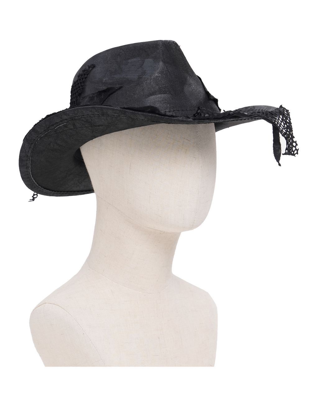 Black Gothic Cowboy Hat with Distressed Mesh Patch Details on a display mannequin.