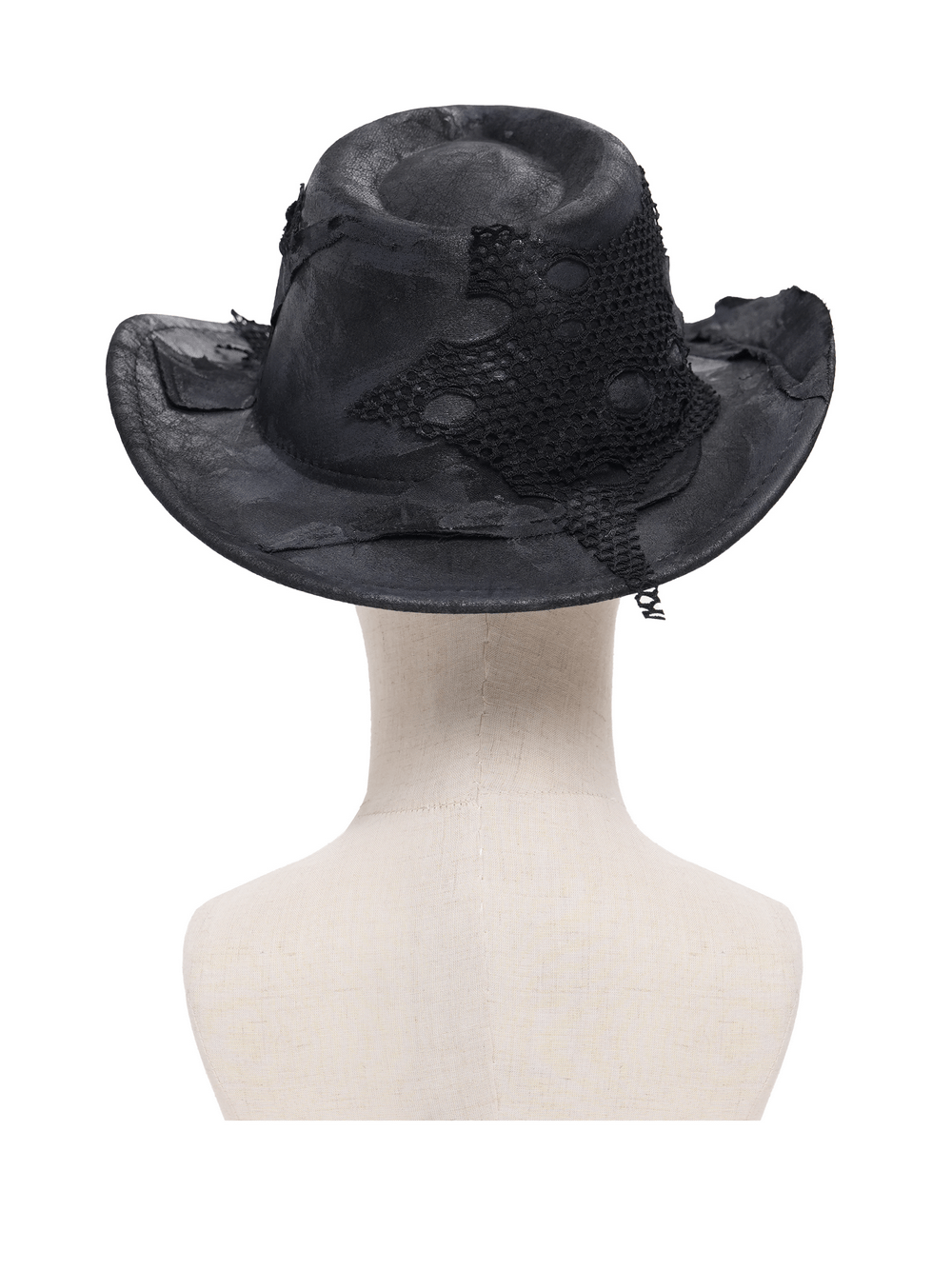 Black Gothic Cowboy Hat with Distressed Mesh Patch Details displayed from the back view on a mannequin.