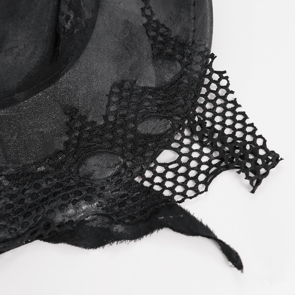 Black Gothic Cowboy Hat with Distressed Mesh Patch Details showing intricate mesh patch design.