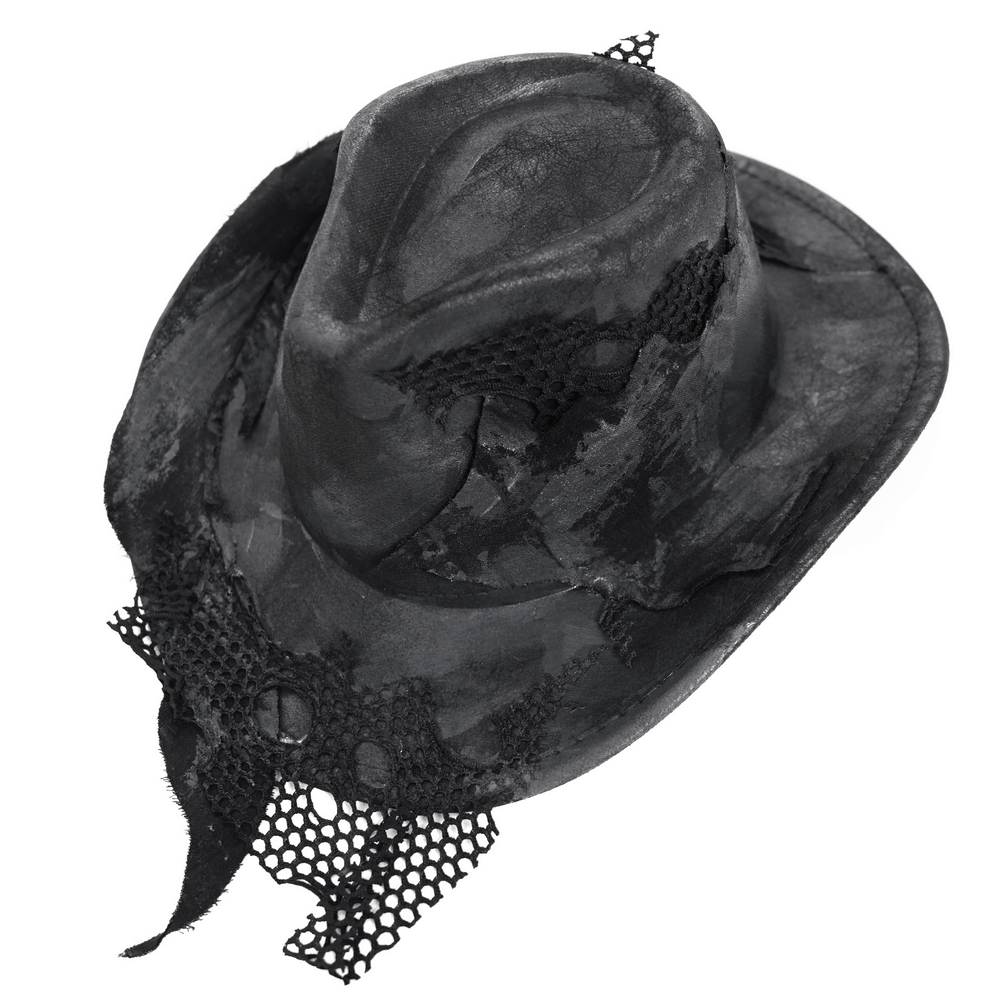 Black Gothic Cowboy Hat with Distressed Mesh Patch Details on a white background.