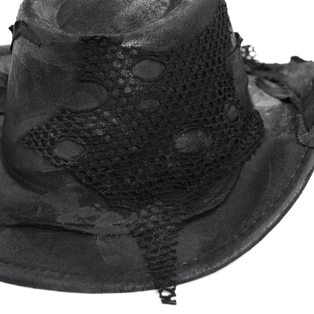 Black Gothic Cowboy Hat with Distressed Mesh Patch Details showcasing unique distressed features.
