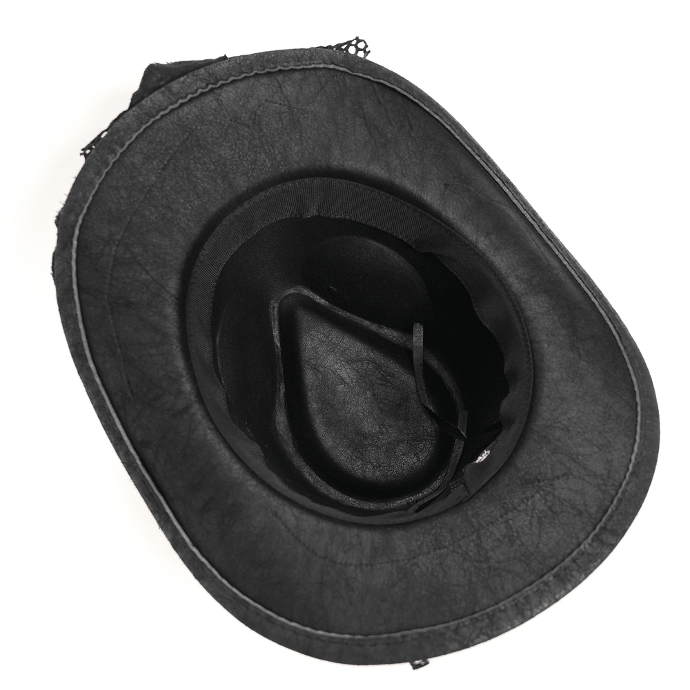 Black Gothic Cowboy Hat with Distressed Mesh Patch Details, inside view showcasing the unique design.