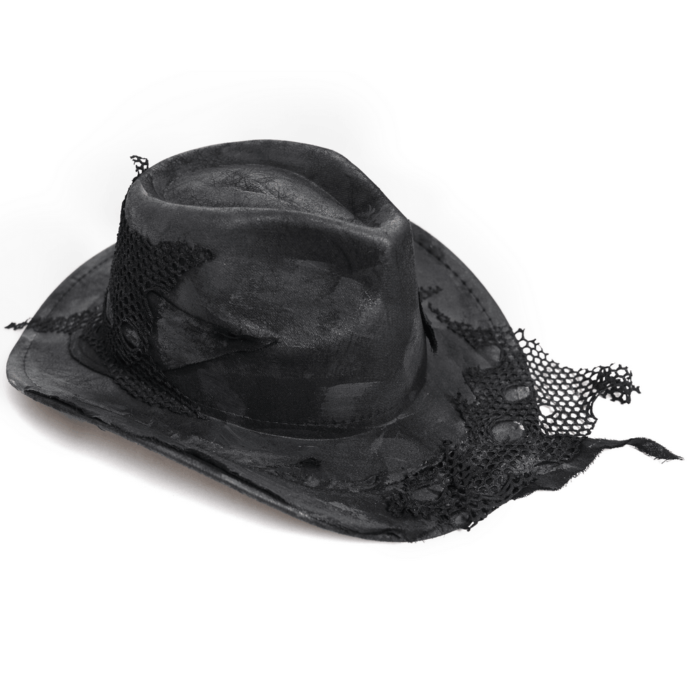 Black Gothic Cowboy Hat with Distressed Mesh Patch Details on white background