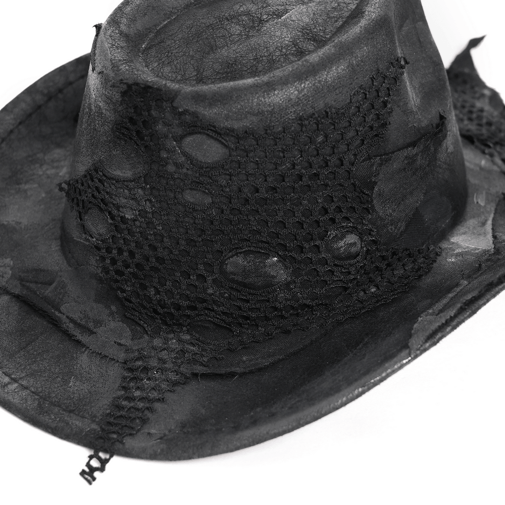 Black Gothic Cowboy Hat with Distressed Mesh Patch Details showing unique patchwork design and vintage style.