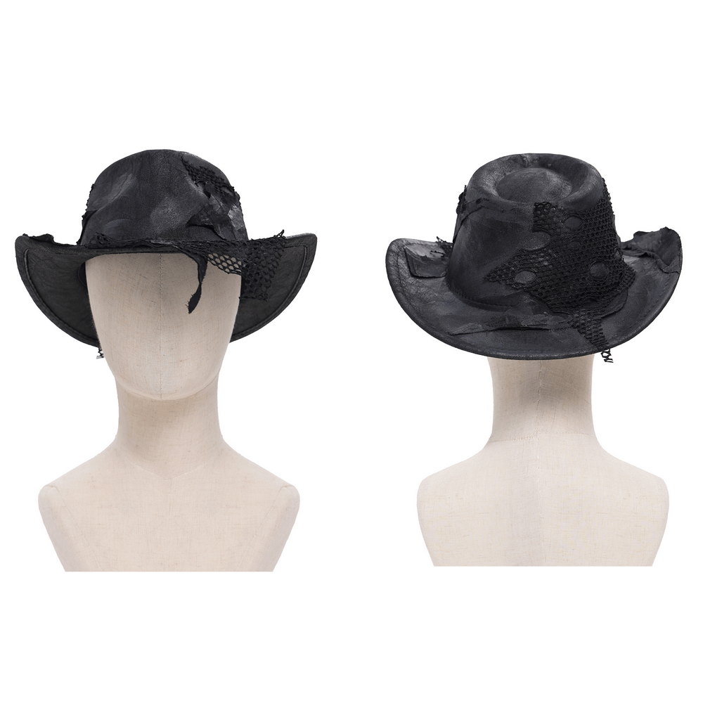 Black Gothic Cowboy Hat with Distressed Mesh Patch Details on a mannequin, showcasing unique patch features.