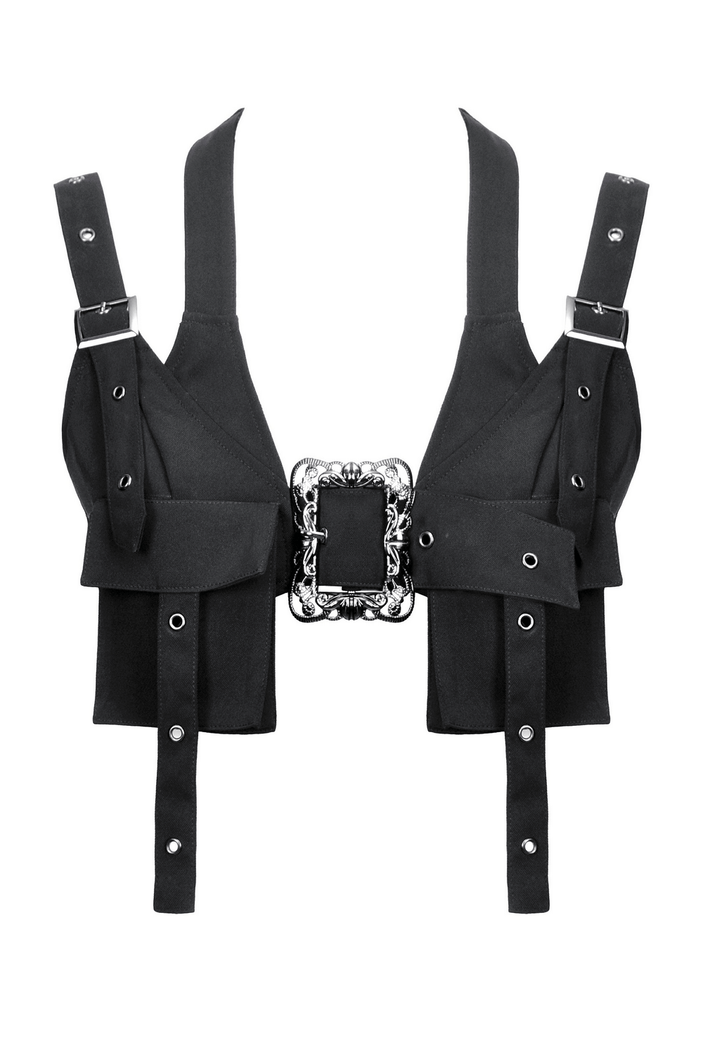 Black gothic crop top with buckles and ornate metallic detail, featuring harness style and adjustable straps.
