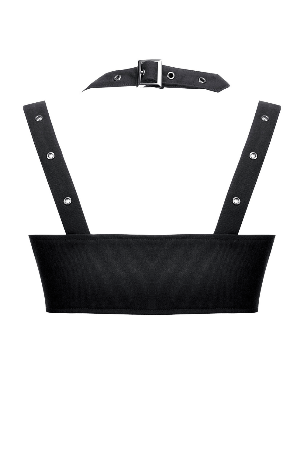 Black Gothic crop top with buckles and grommet detailing, featuring a harness design and open back choker strap.