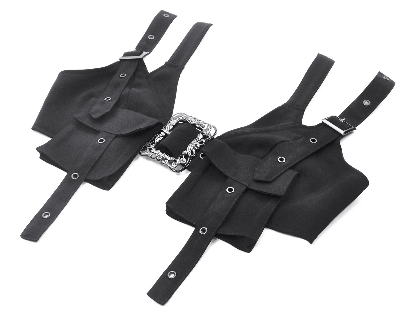 Black Gothic crop top with adjustable straps and ornate silver buckle detail for an edgy look.