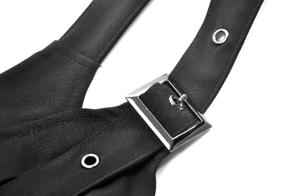 Close-up of black gothic harness with silver buckle and grommet detailing, perfect for alternative fashion.