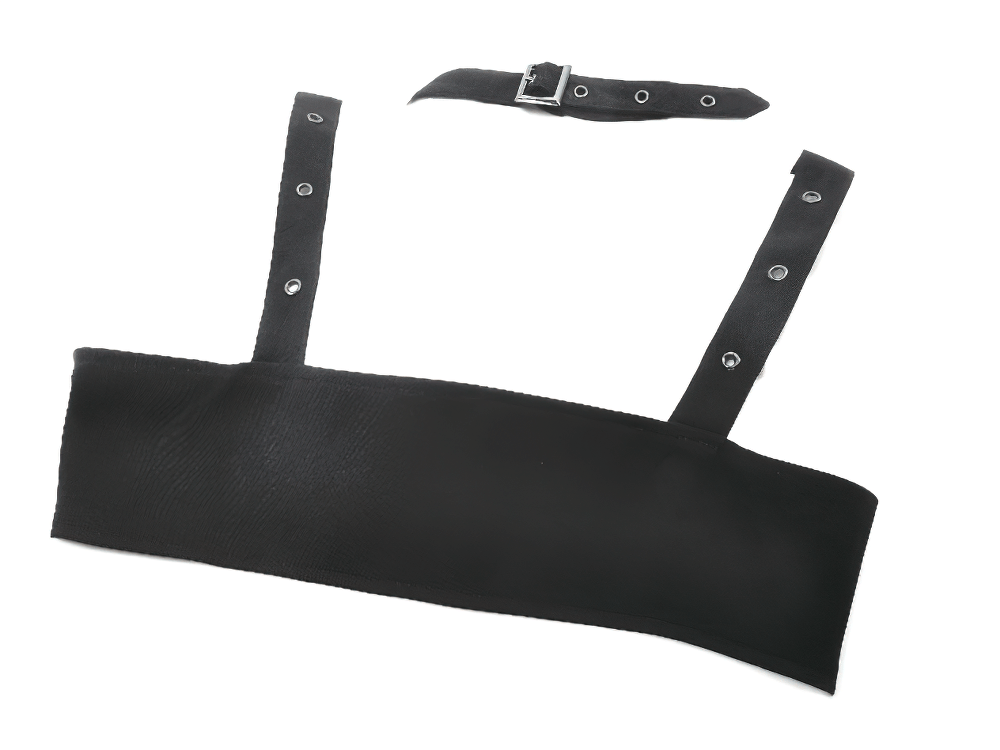 Black gothic crop top with adjustable straps and silver baroque buckle for a bold alternative fashion statement.