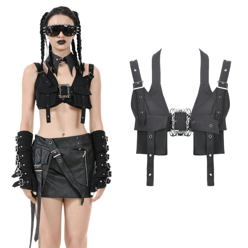 Black gothic crop top with buckles, featuring adjustable straps and ornate metal detail for a bold style.