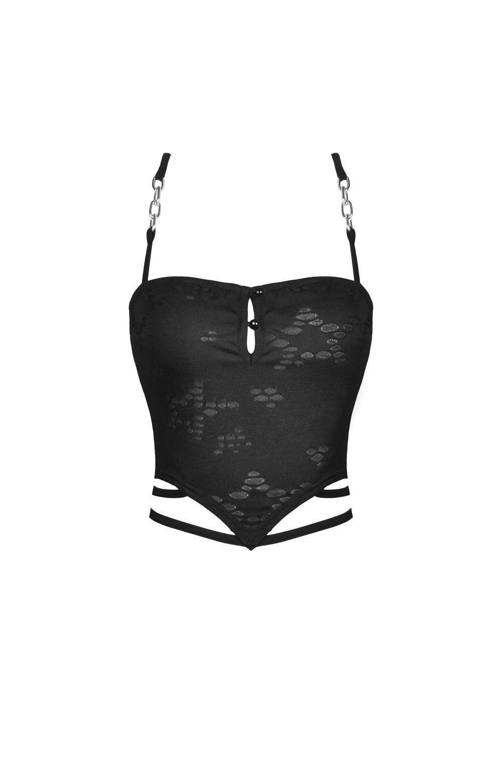 Black Gothic crop top with chain detail straps, perfect for edgy elegance and flattering fit.