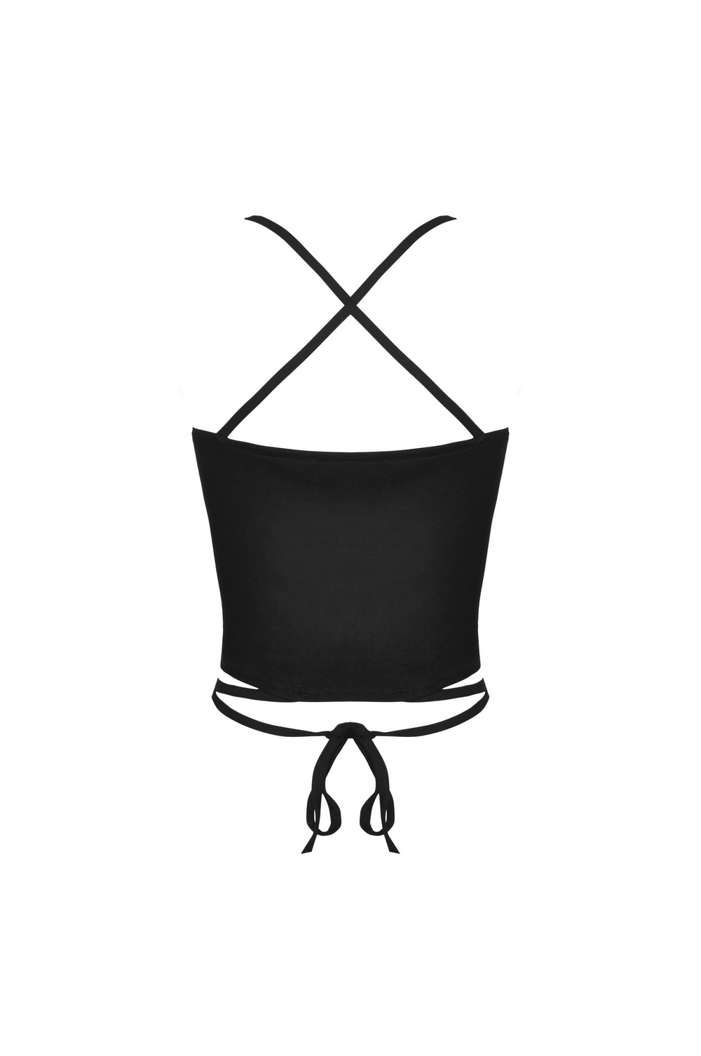 Back view of black gothic crop top with crisscrossed chain detail straps and adjustable ties.