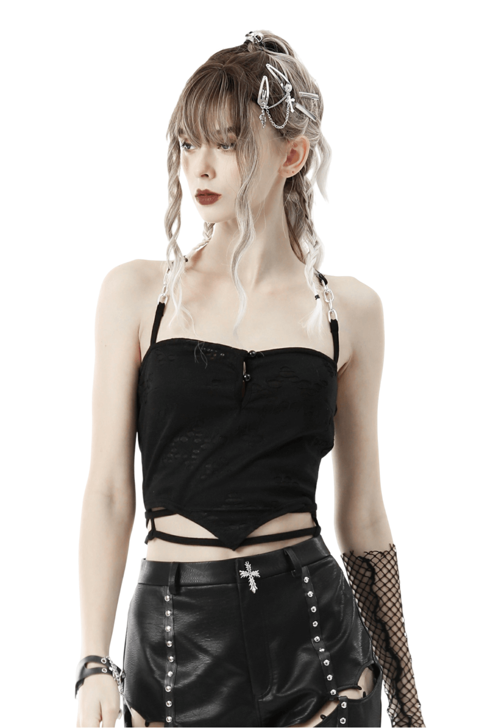Black gothic crop top with chain straps, perfect for edgy elegance and layering in any fashion-forward outfit.
