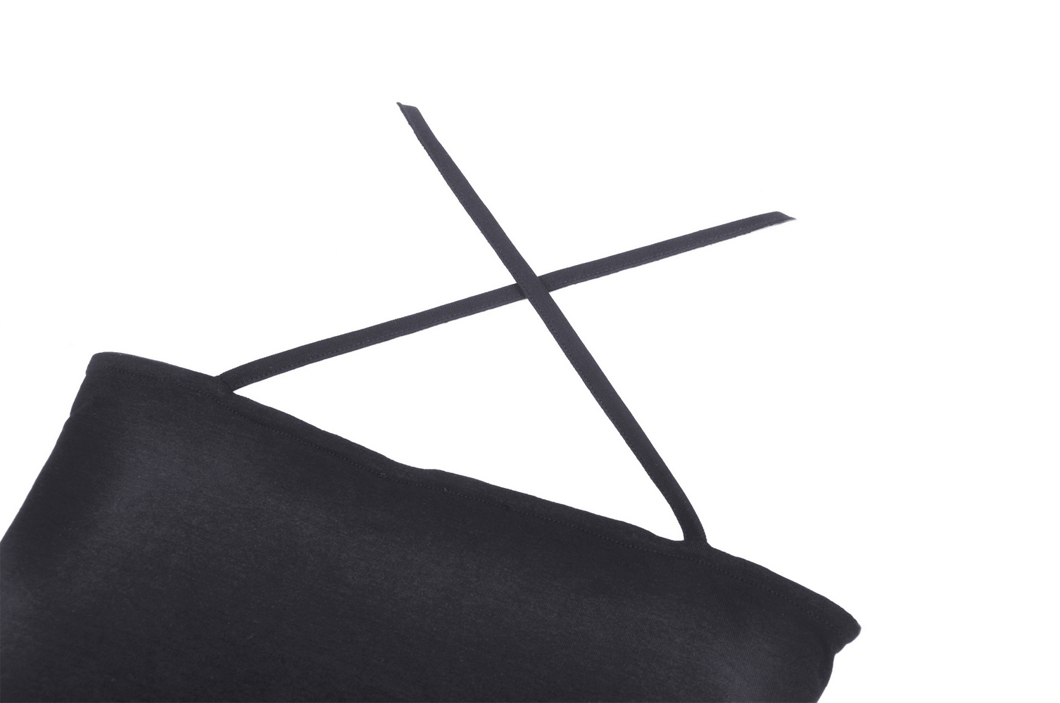 Close-up of black gothic crop top featuring crisscross chain detail straps for edgy elegance.