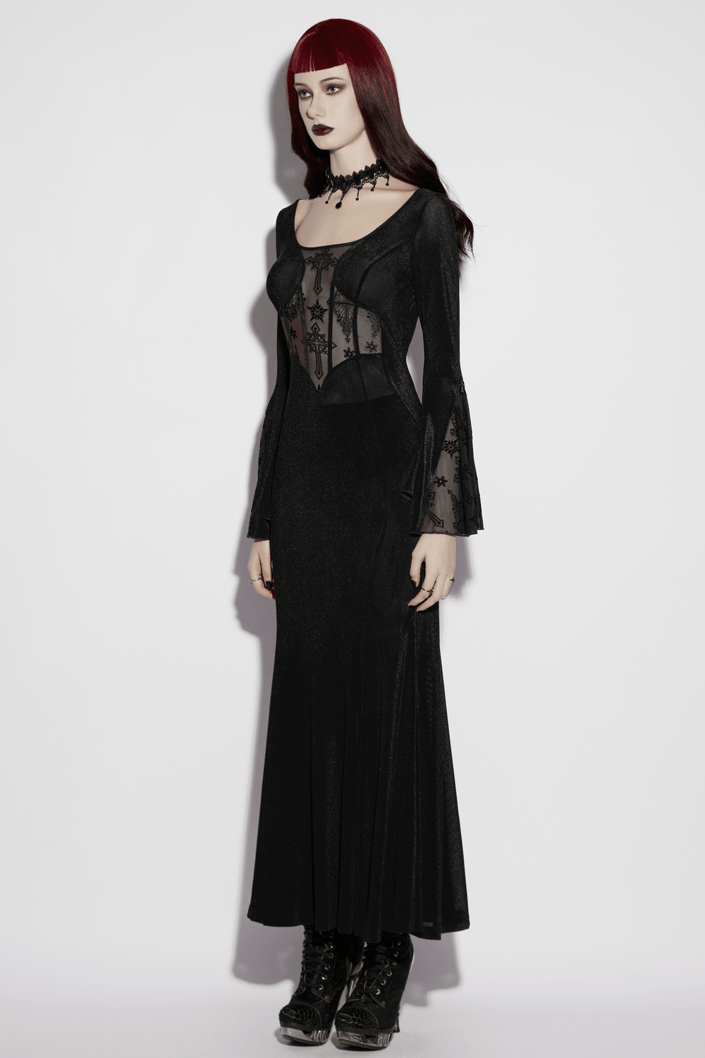 Black Gothic Cross Mesh Fishtail Maxi Dress Gown