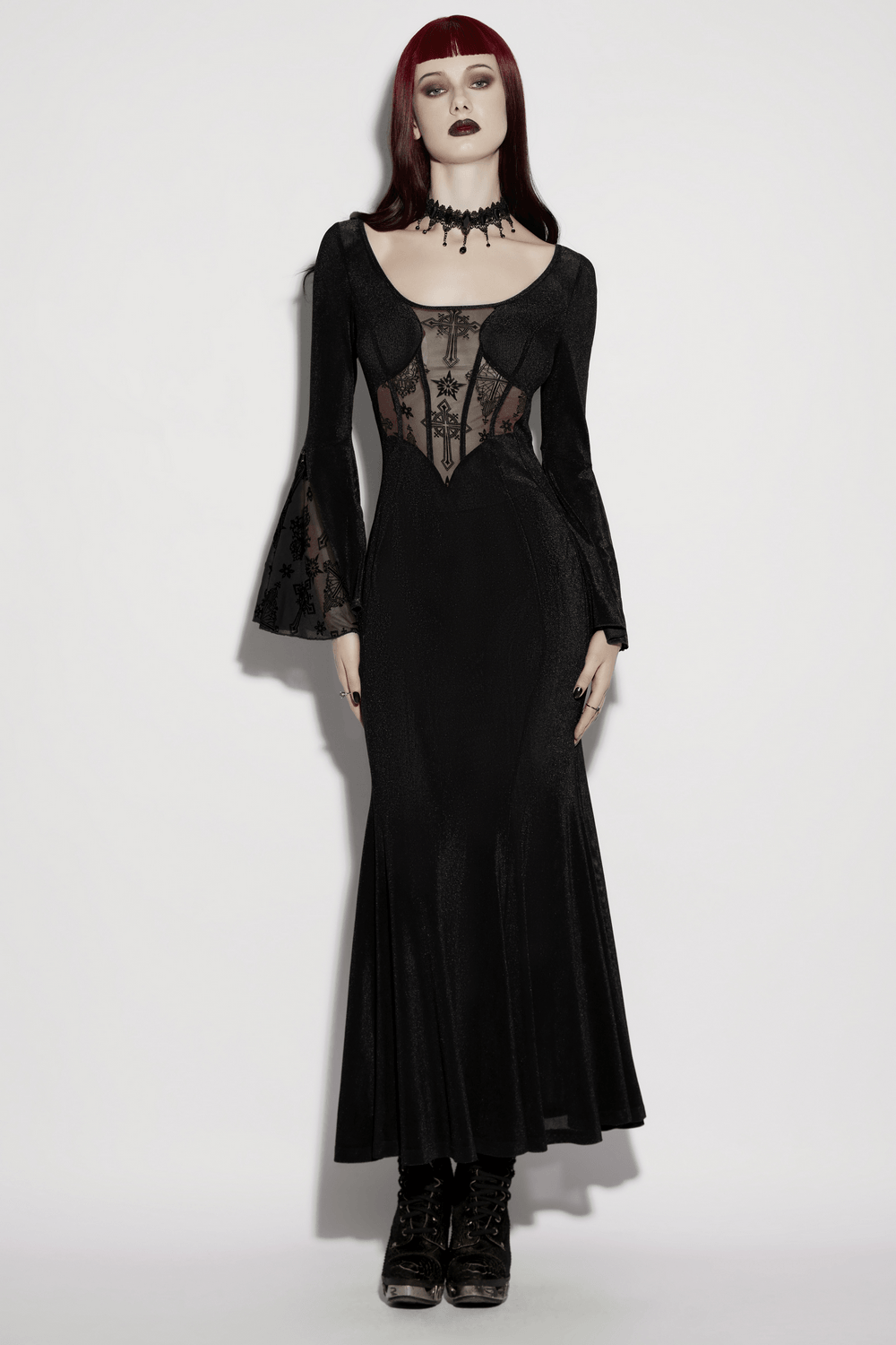 Black Gothic Cross Mesh Fishtail Maxi Dress Gown
