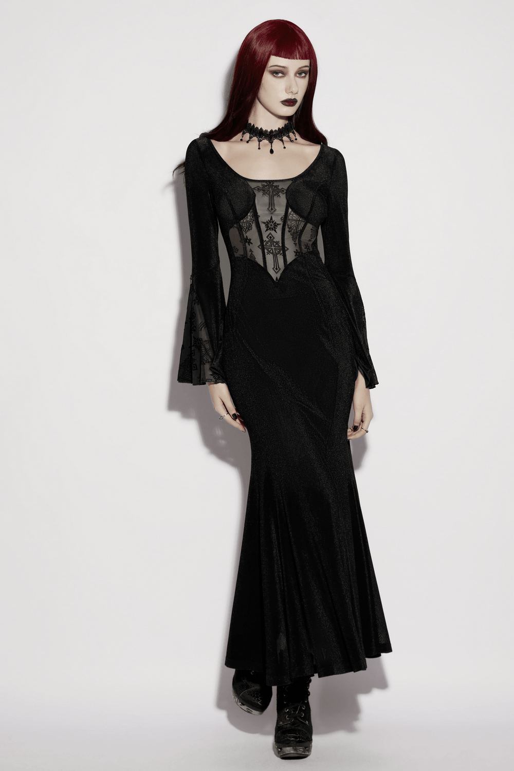 Black Gothic Cross Mesh Fishtail Maxi Dress Gown