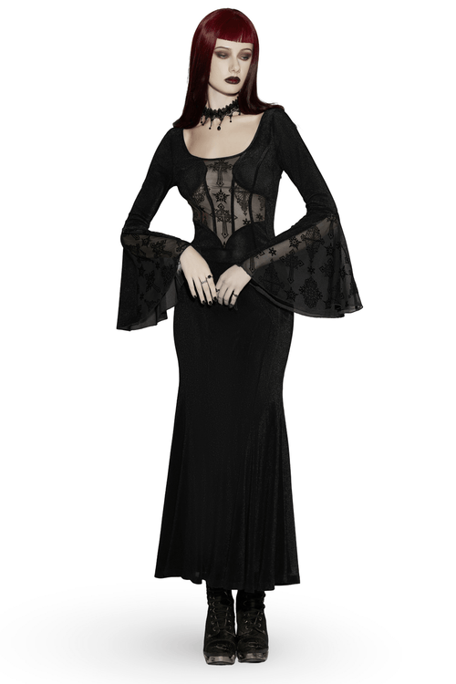 Black Gothic Cross Mesh Fishtail Maxi Dress Gown
